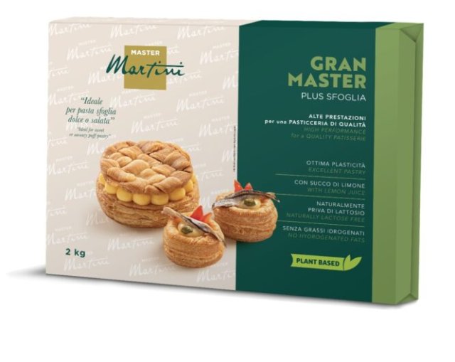 Master Martini Gran Master Plus Sfoglia 2kg krabice listového těsta s foto větrníku a slaného koláčku.