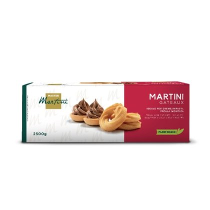 Krabice Master Martini Gateaux, 2500g, rostlinné křehké těsto s čokoládovými dortíky a těstovými kroužky.