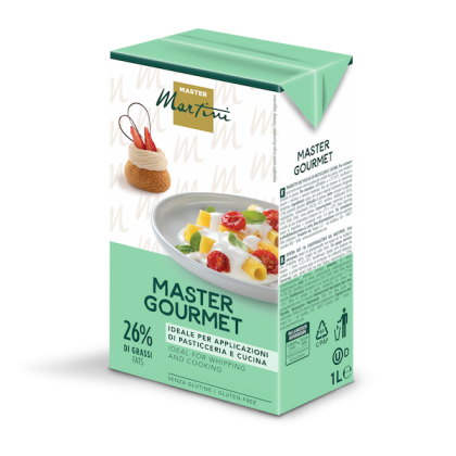 1L krabice smetany Master Martini Master Gourmet, 26% tuku, bez lepku, pro cukrářství a vaření.