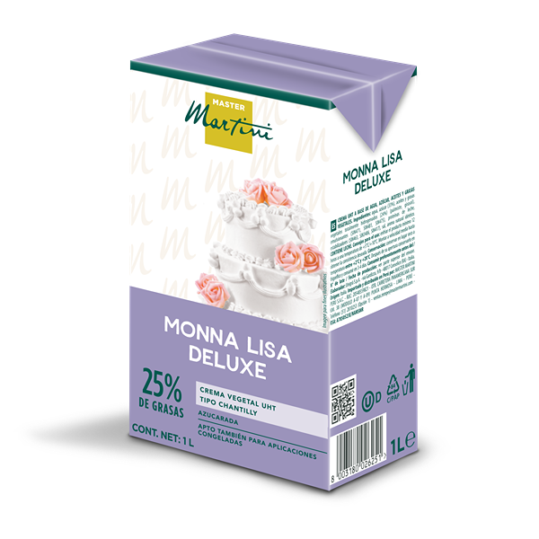 Fialový 1L karton šlehačky Master Martini Monna Lisa Deluxe, 25% tuku, s patrovým dortem