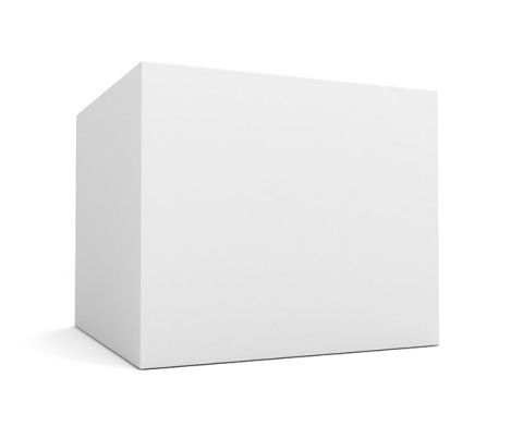 Prázdný bílý obdélníkový box mockup na bílém pozadí, zobrazeno mírně z boku.