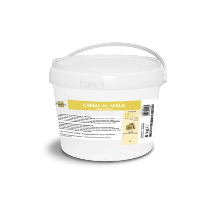 Bílý plastový kbelík, 6 kg, s držadlem, štítek "Crema al Miele", pro profesionální pekárny.