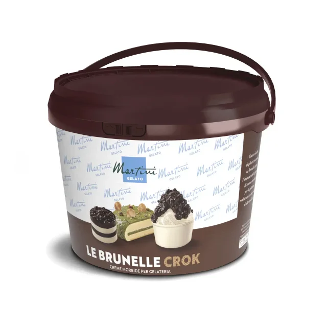 Hnědý kbelík krému Martini Gelato "Le Brunelle Crok" pro zmrzlinárny, s obrázky pistáciových a kakaových dezertů.