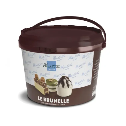 Hnědý plastový kbelík krému Martini Gelato "Le Brunelle" s příchutí lískový oříšek, pistácie a čokoláda